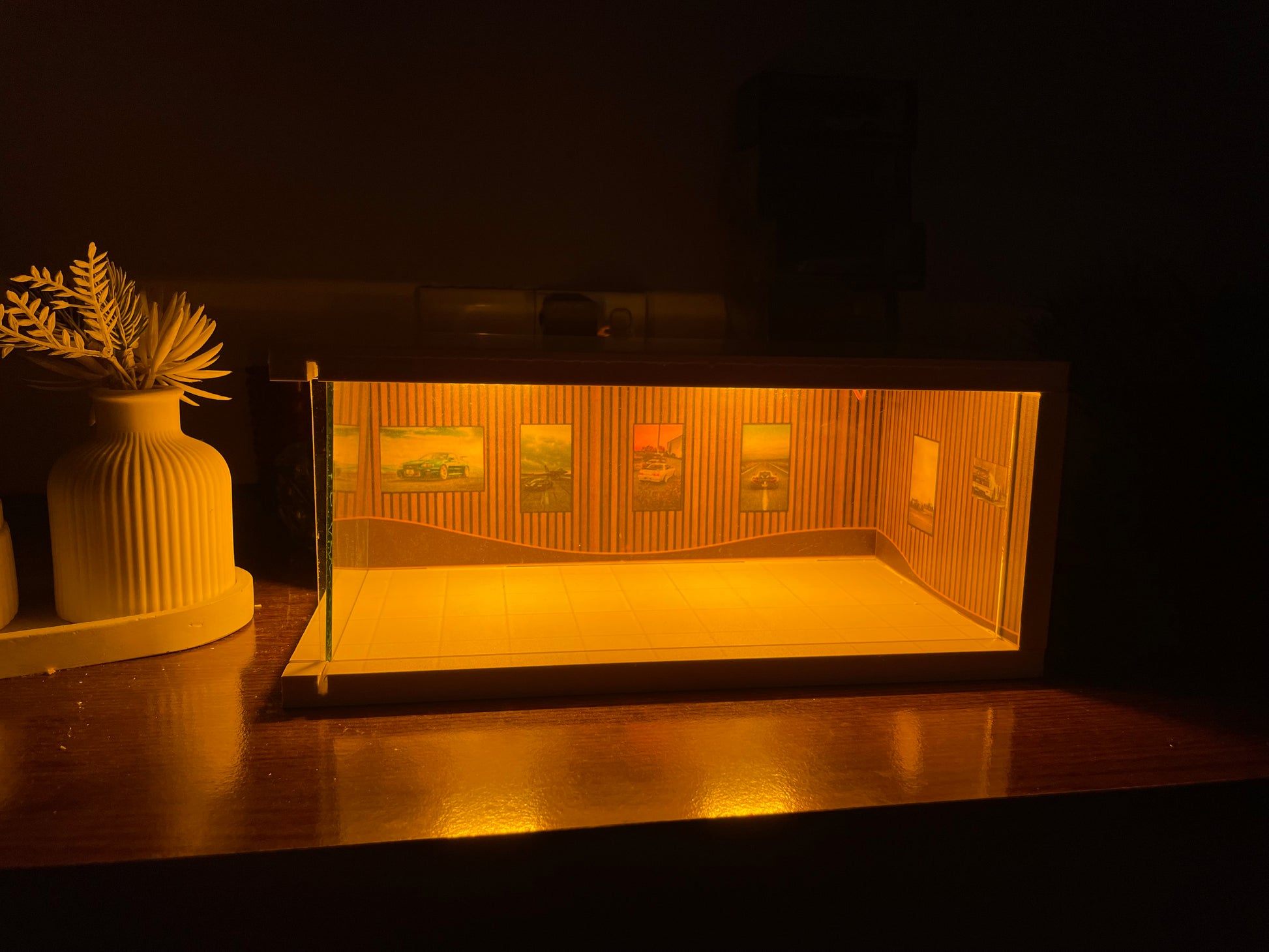 Brown showroom diorama (warm light)