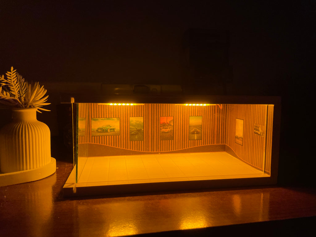 Brown showroom diorama (warm light)
