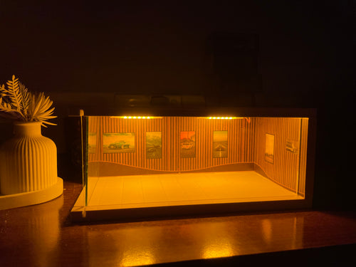 Brown showroom diorama (warm light)