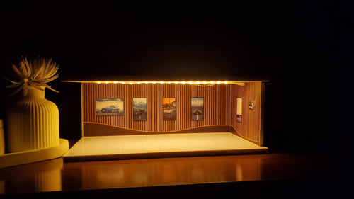 Brown showroom diorama (warm light)